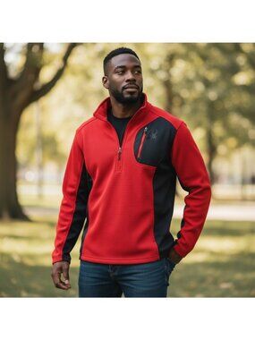 Spyder Men's Large Red & Black Pullover Bandit  Half Zip Sweater Waffle Logo